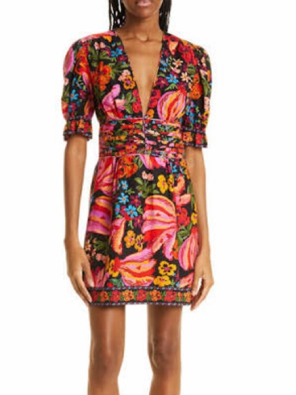 FARM Rio Deep V Floral Mini Dress - Black, Pink & Orange